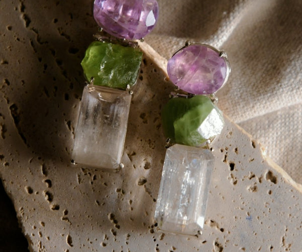 Shion: A handcrafted Earrings featuring Quartz Amethyst Peridot and hues of White Green Pink.