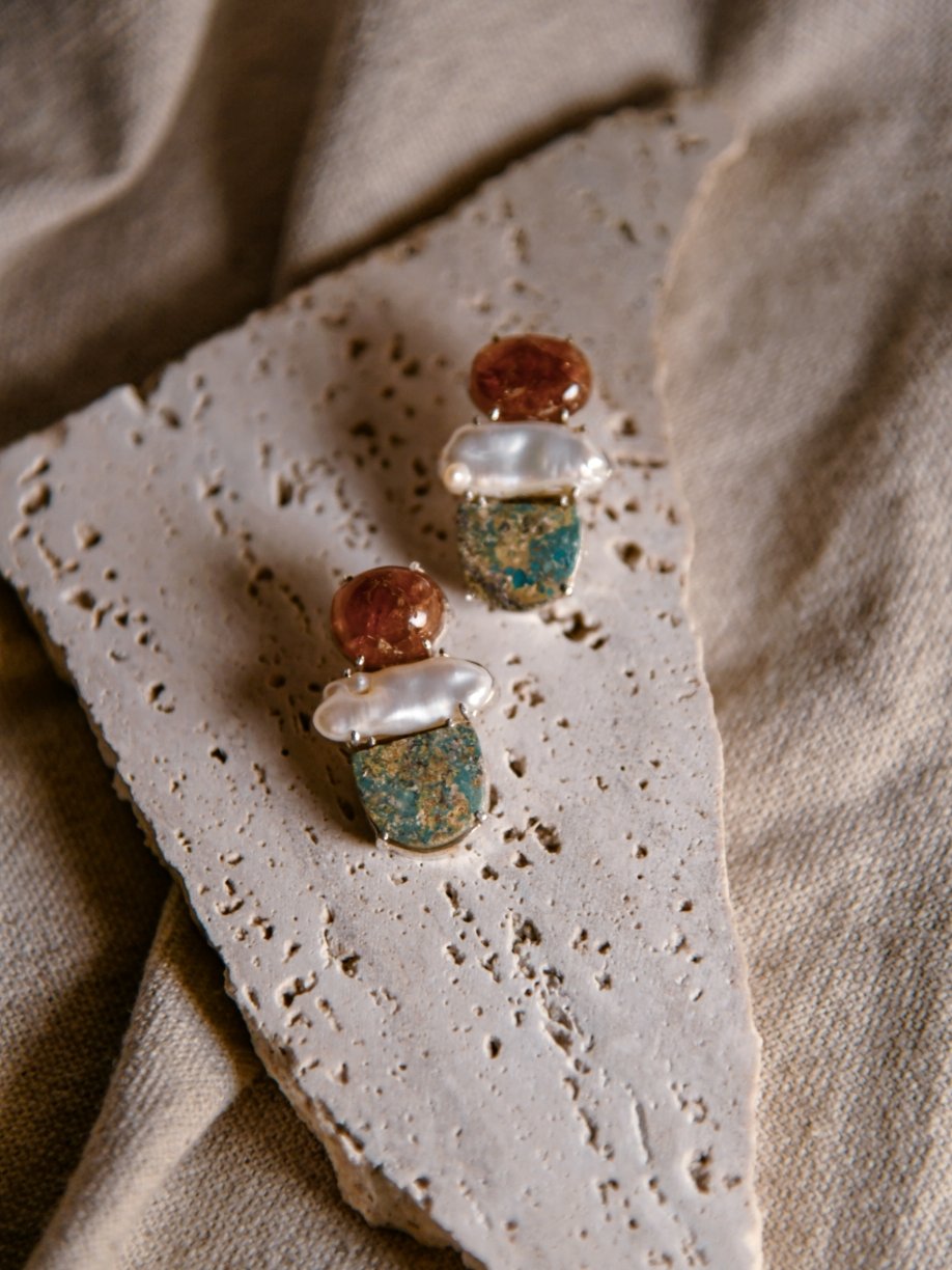 Akina: A handcrafted Earrings featuring Pearl Hessonite Turquoise and hues of Brown White Green.