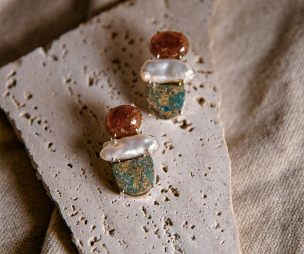 Akina: A handcrafted Earrings featuring Pearl Hessonite Turquoise and hues of Brown White Green.