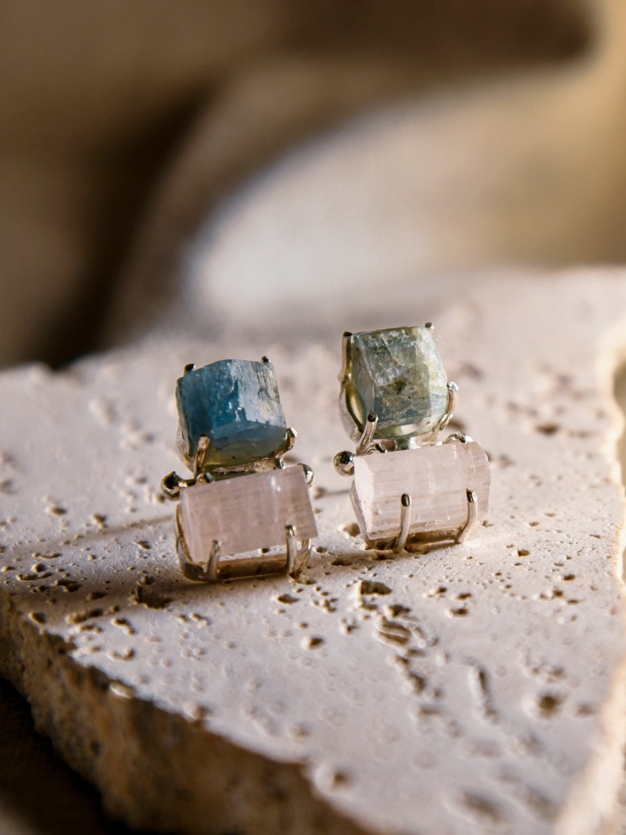 Akebi: A handcrafted Earrings featuring Tourmaline Quartz and hues of White Blue.