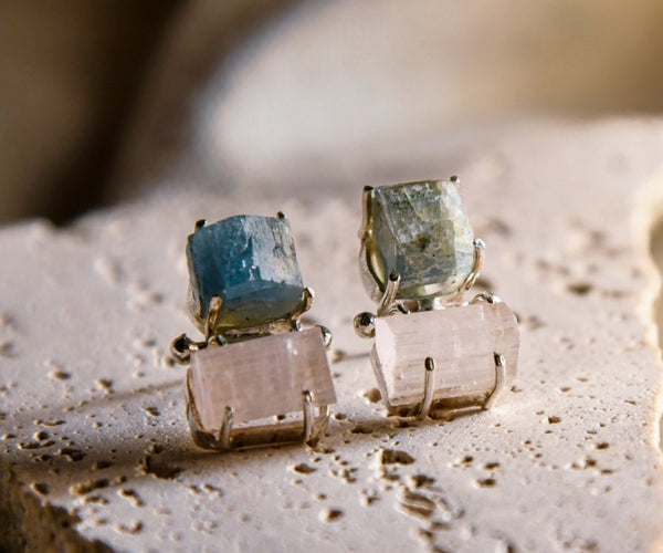 Akebi: A handcrafted Earrings featuring Tourmaline Quartz and hues of White Blue.
