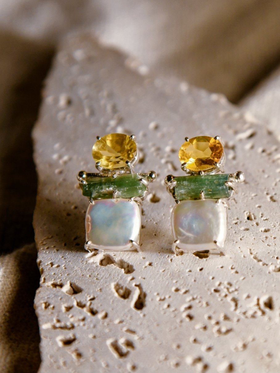 Kigiku: A handcrafted Earrings featuring Citrine Tourmaline Pearl and hues of White Yellow Green.