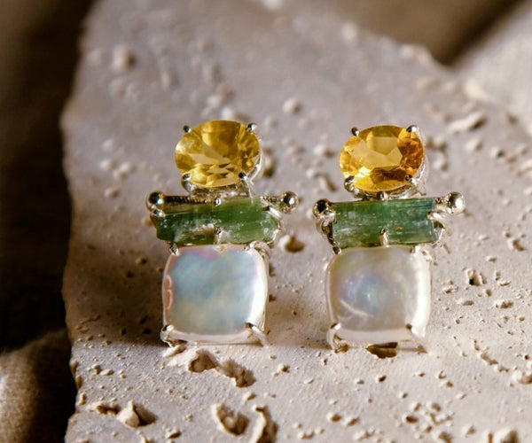 Kigiku: A handcrafted Earrings featuring Citrine Tourmaline Pearl and hues of White Yellow Green.