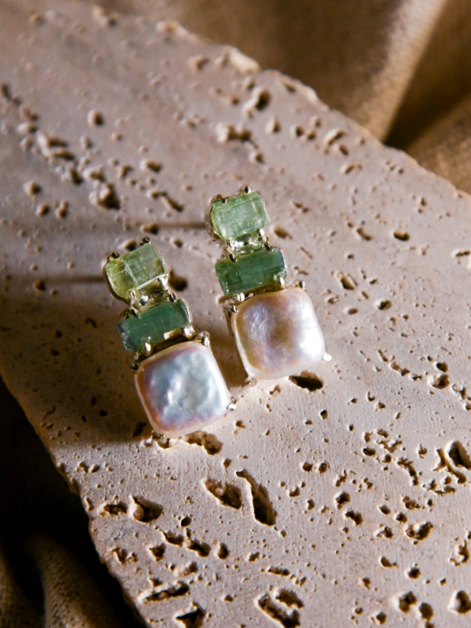 Hasu: A handcrafted Earrings featuring Tourmaline Pearl and hues of White Green.