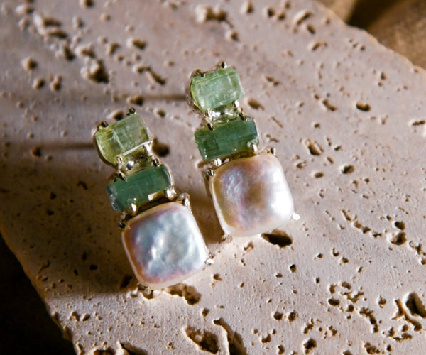 Hasu: A handcrafted Earrings featuring Tourmaline Pearl and hues of White Green.