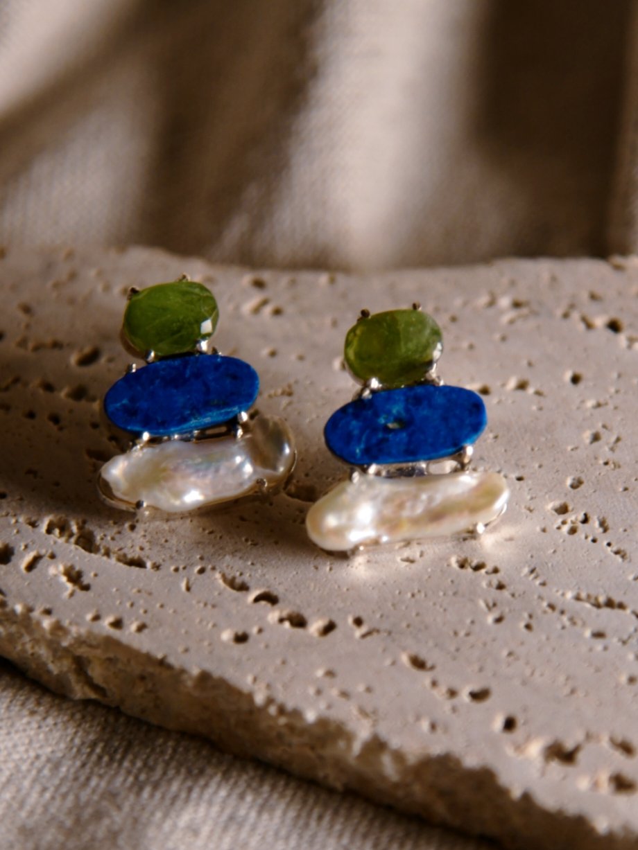 Kikyo: A handcrafted Earrings featuring Pearl Peridot Lapis Lazuli and hues of White Blue Green.