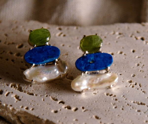 Kikyo: A handcrafted Earrings featuring Pearl Peridot Lapis Lazuli and hues of White Blue Green.