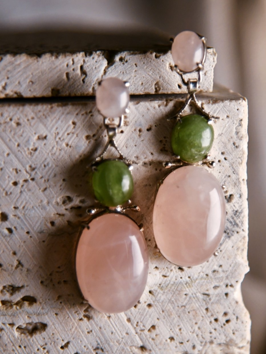 Aamina: A handcrafted Earrings featuring Quartz Peridot and hues of Green Pink White.