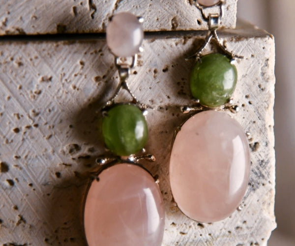 Aamina: A handcrafted Earrings featuring Quartz Peridot and hues of Green Pink White.