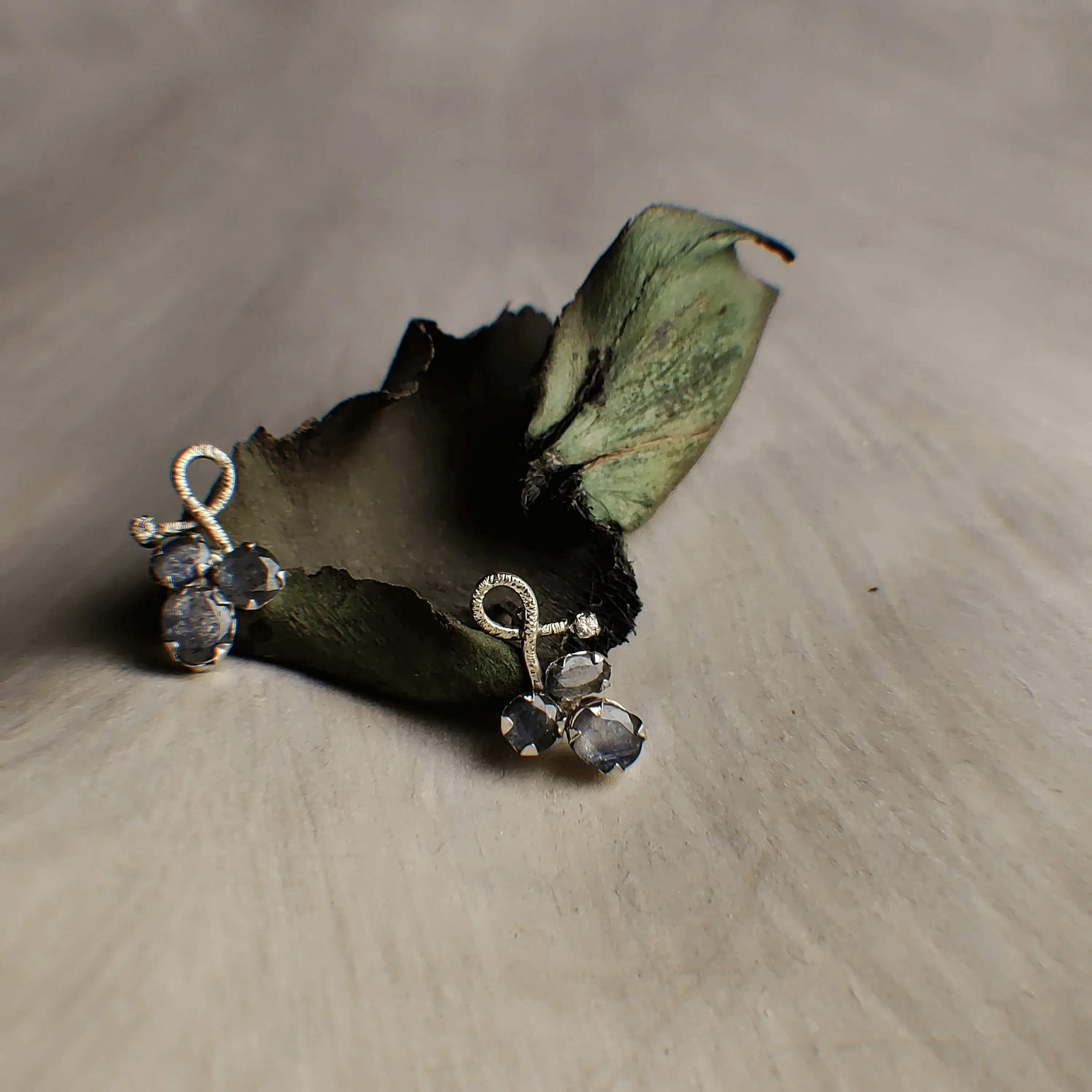 Grey: A handcrafted Earrings featuring Sapphire and hues of Grey.
