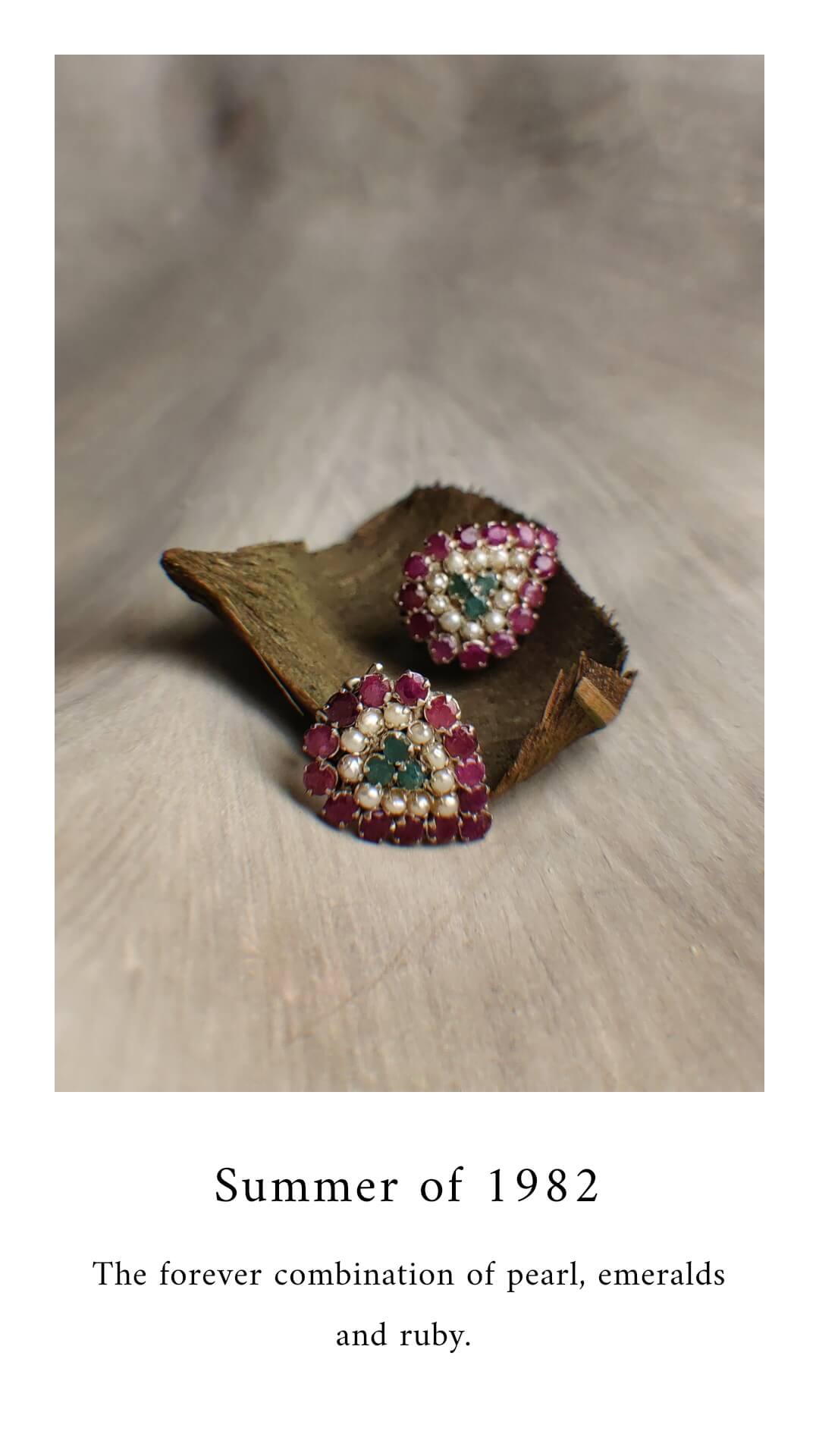 Summer of 1982: A handcrafted Earrings featuring Pearl Ruby Emerald and hues of White Red Green.