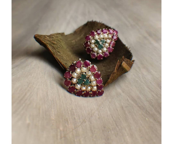 Summer of 1982: A handcrafted Earrings featuring Pearl Ruby Emerald and hues of White Red Green.