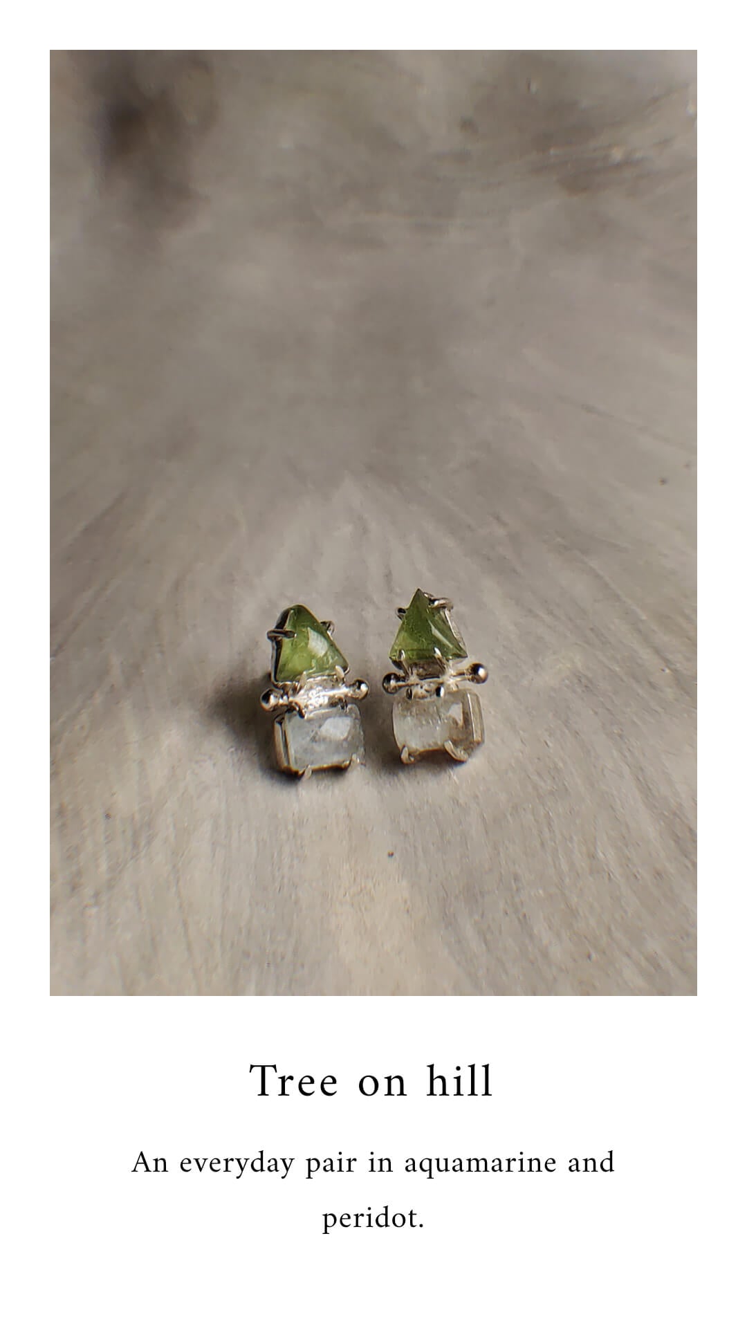 Tree on hill: A handcrafted Earrings featuring Peridot Aquamarine and hues of Blue Green.