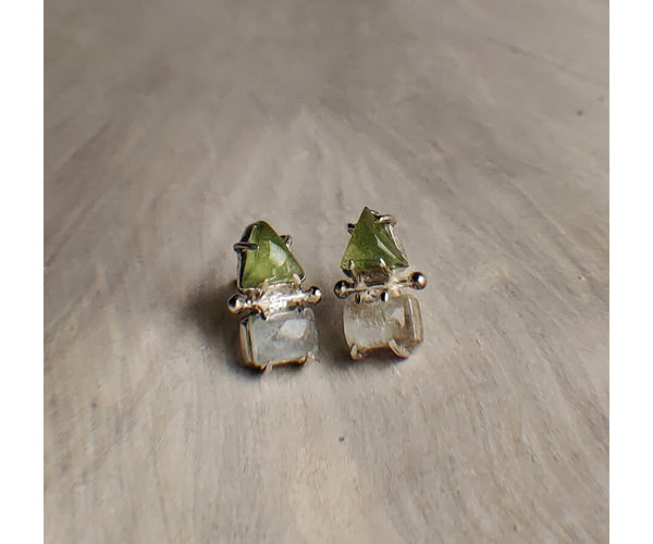 Tree on hill: A handcrafted Earrings featuring Peridot Aquamarine and hues of Blue Green.