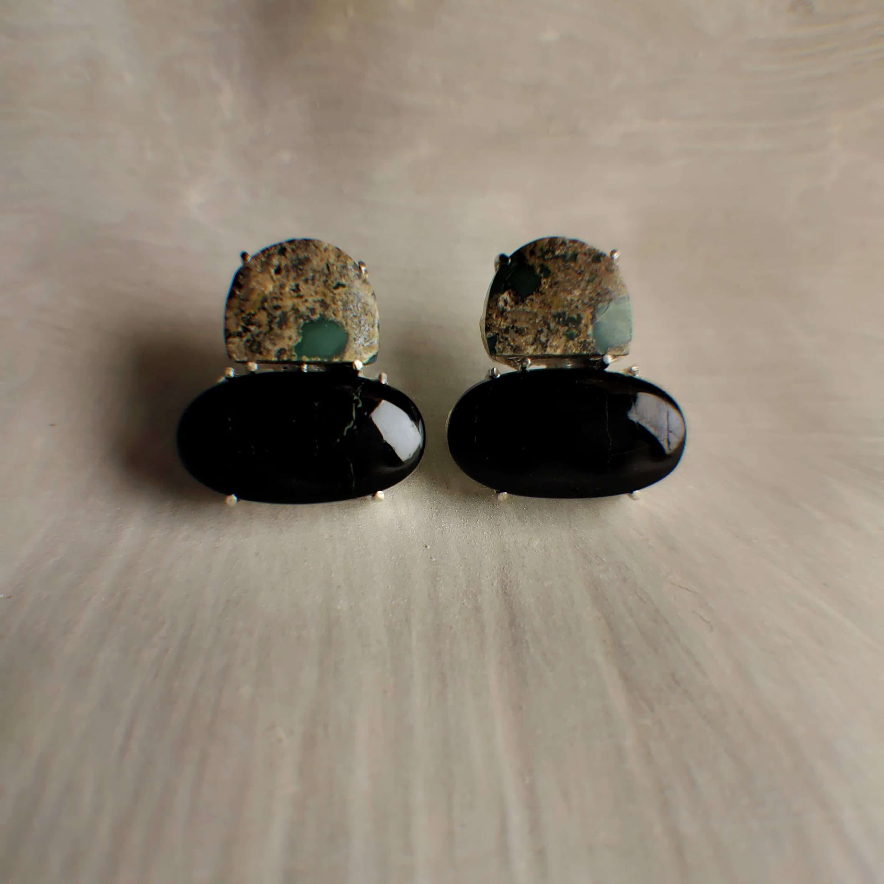 Laleh: A handcrafted Earrings featuring Onyx Turquoise and hues of Black Green.