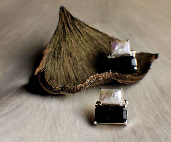 Beatles buddies: A handcrafted Earrings featuring Pearl Tourmaline and hues of White Black.