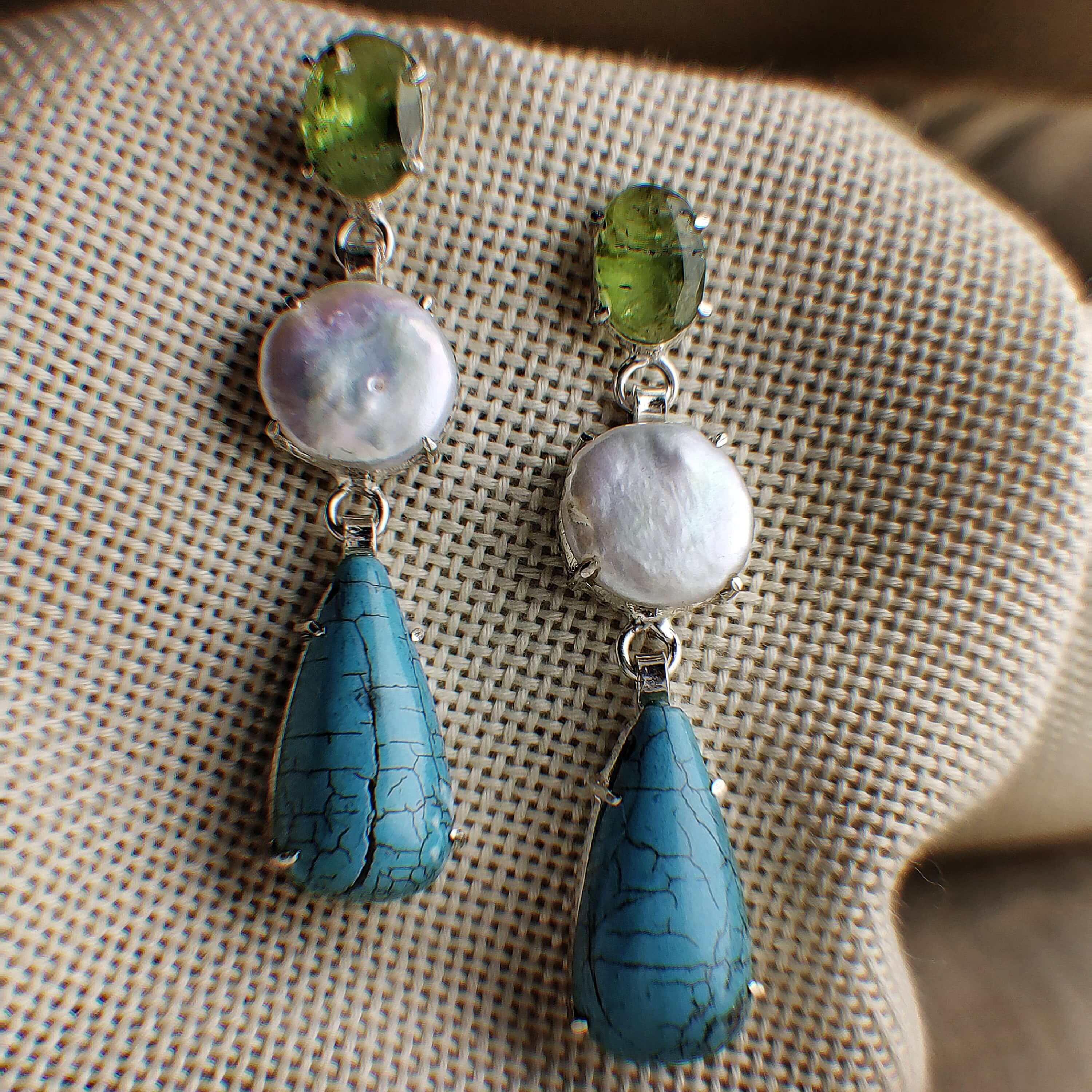 Moonseed: A handcrafted Earrings featuring Peridot Pearl Turquoise and hues of Green White Blue.