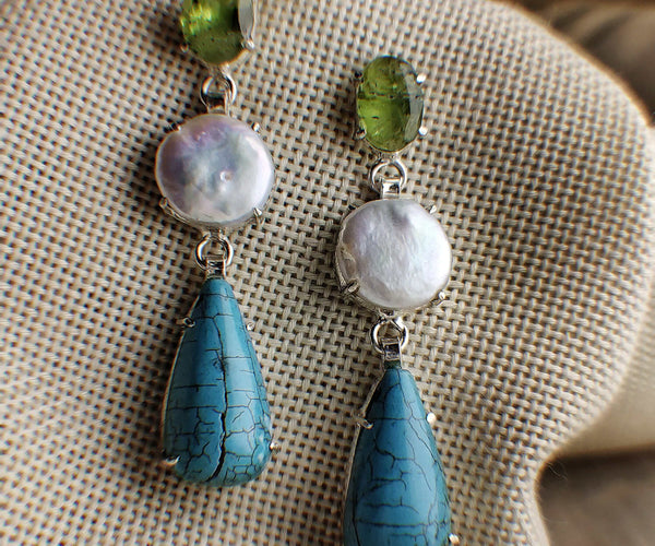 Moonseed: A handcrafted Earrings featuring Peridot Pearl Turquoise and hues of Green White Blue.