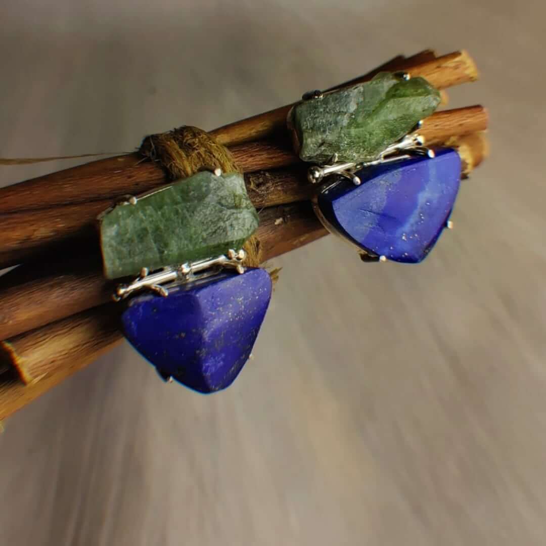 Azure: A handcrafted Earrings featuring Lapis Lazuli Peridot and hues of Green Blue.