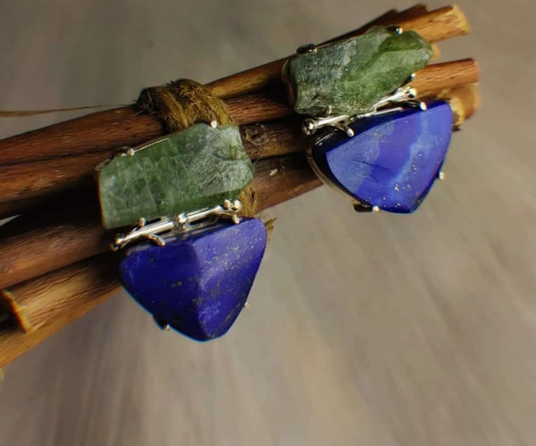 Azure: A handcrafted Earrings featuring Lapis Lazuli Peridot and hues of Green Blue.