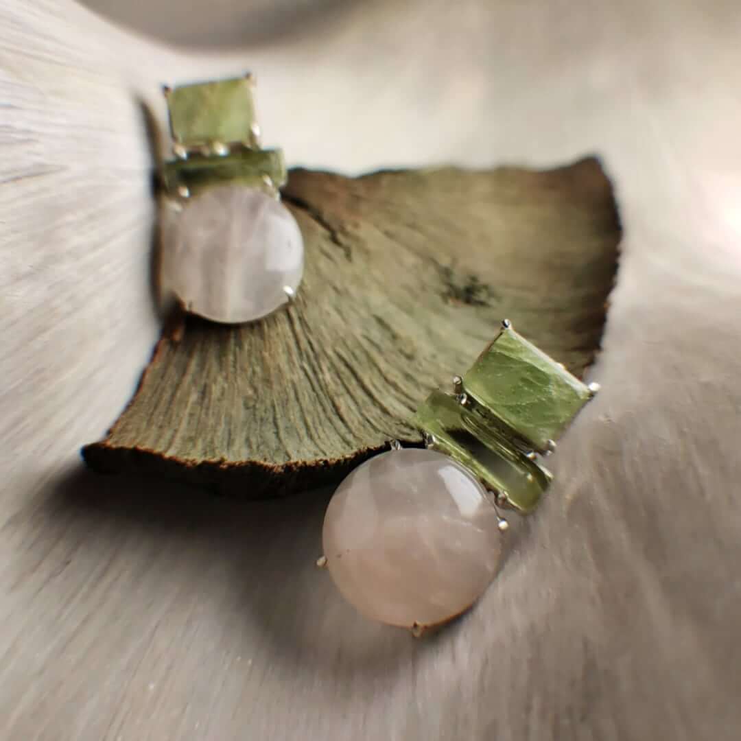 Summer lillies: A handcrafted Earrings featuring Peridot Quartz and hues of Pink Green.