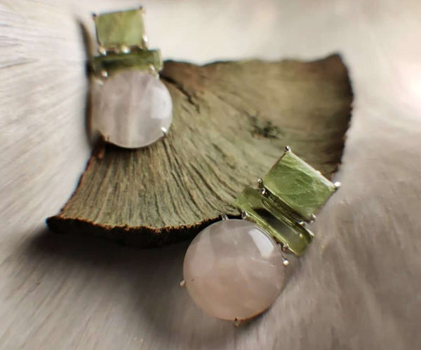 Summer lillies: A handcrafted Earrings featuring Peridot Quartz and hues of Pink Green.
