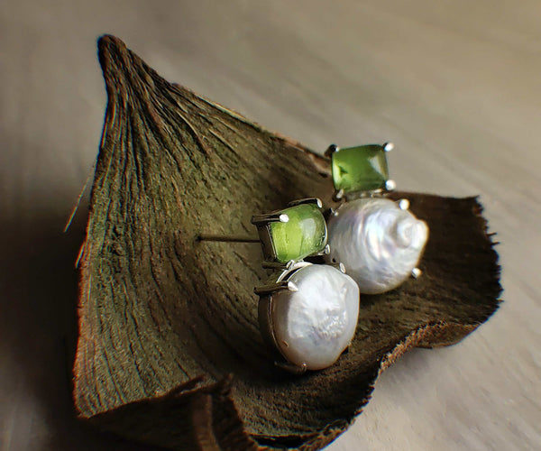 Dew: A handcrafted Earrings featuring Pearl Peridot and hues of White Green.
