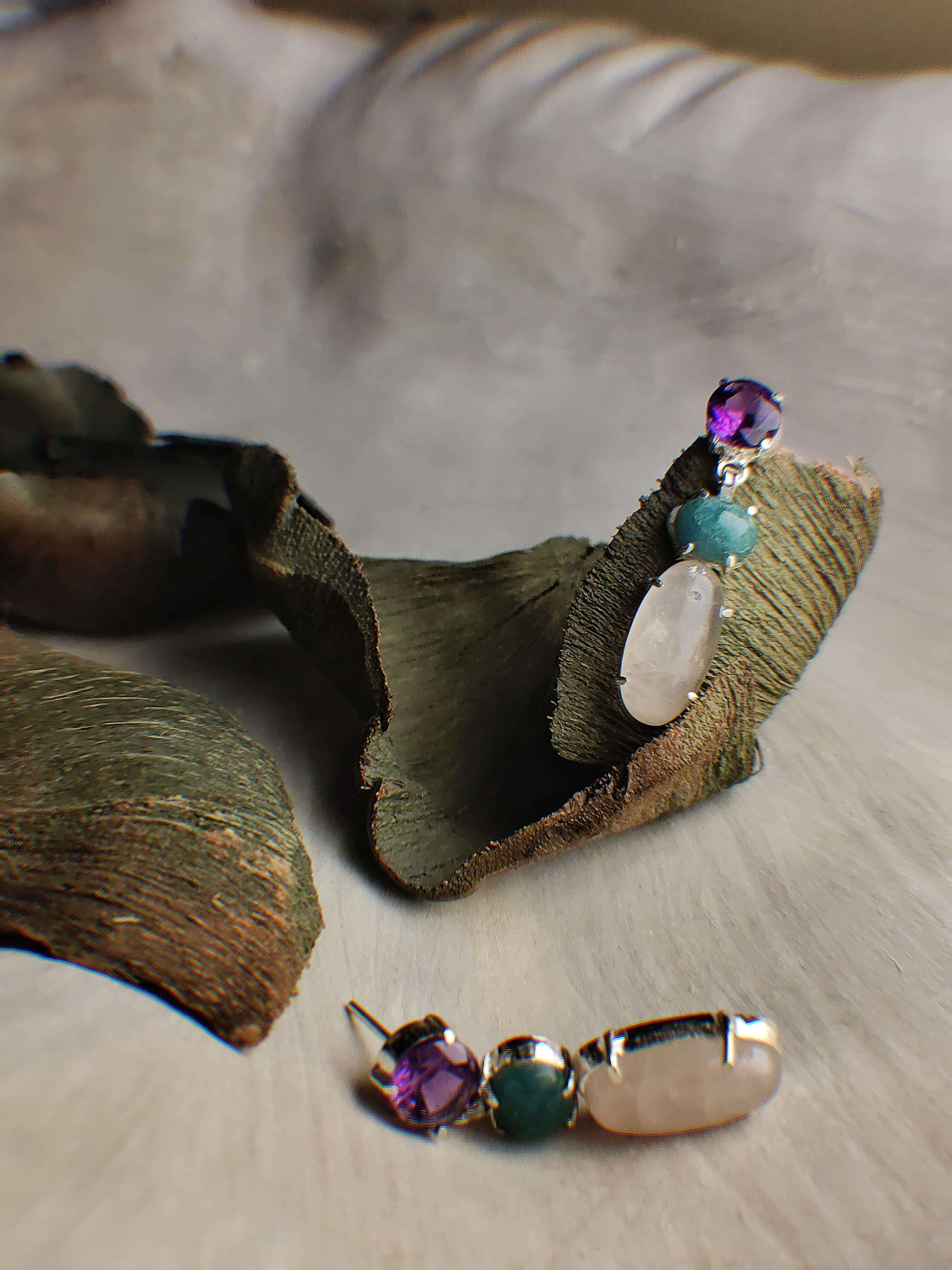 Grasshopper: A handcrafted Earrings featuring Amethyst Jade Quartz and hues of Pink Purple Green.