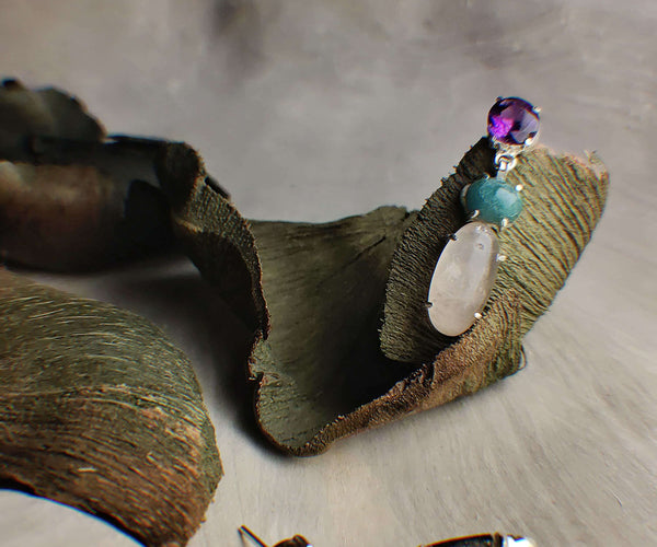 Grasshopper: A handcrafted Earrings featuring Amethyst Jade Quartz and hues of Pink Purple Green.