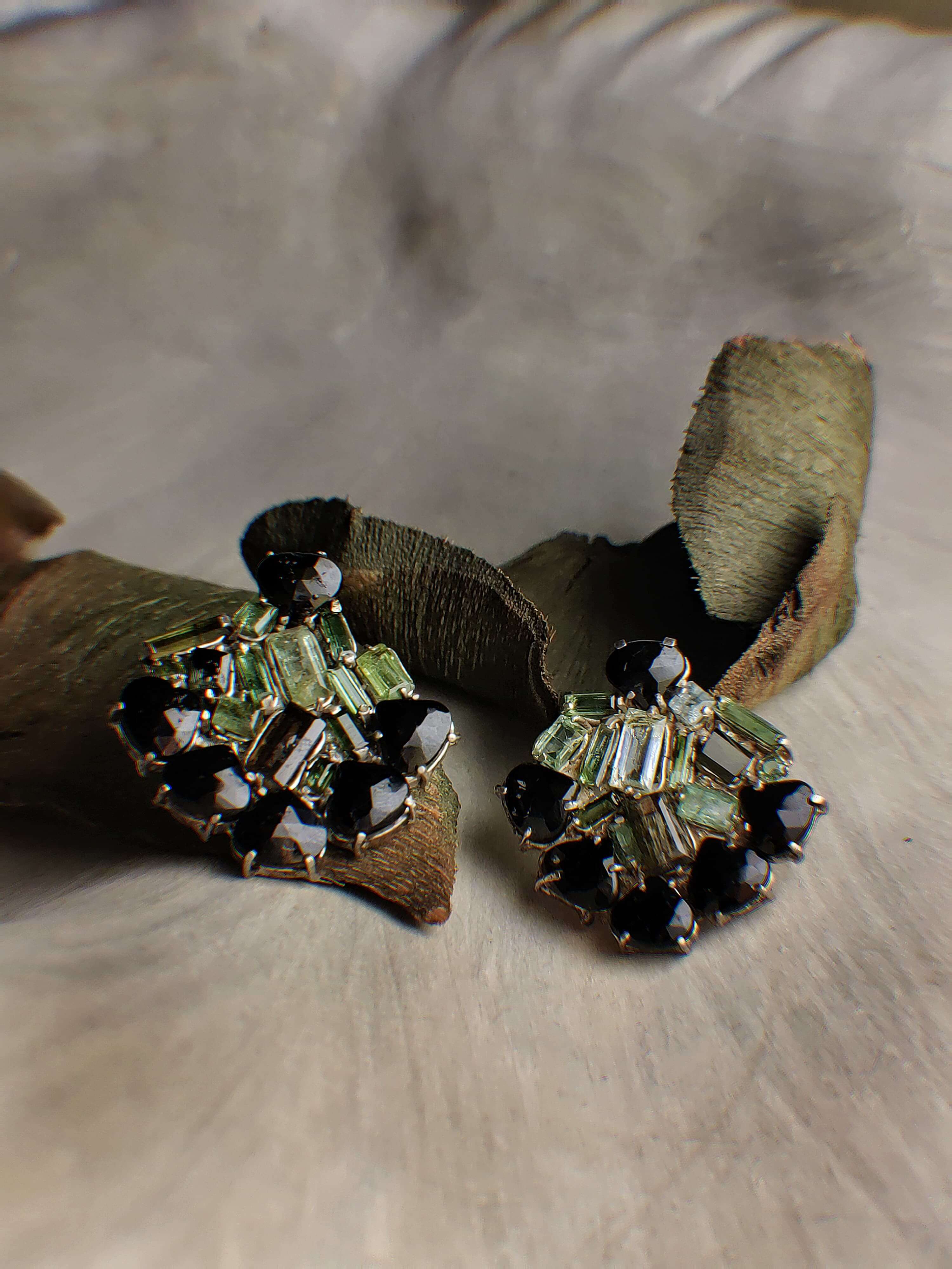 Elder: A handcrafted Earrings featuring Onyx Tourmaline and hues of Green.