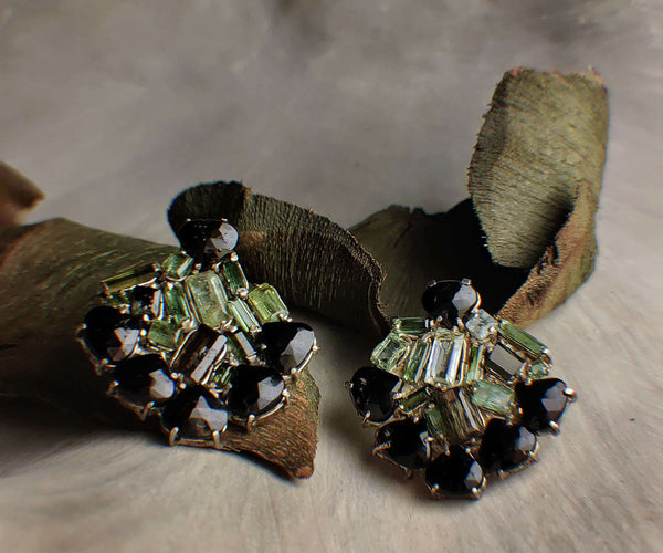 Elder: A handcrafted Earrings featuring Onyx Tourmaline and hues of Green.