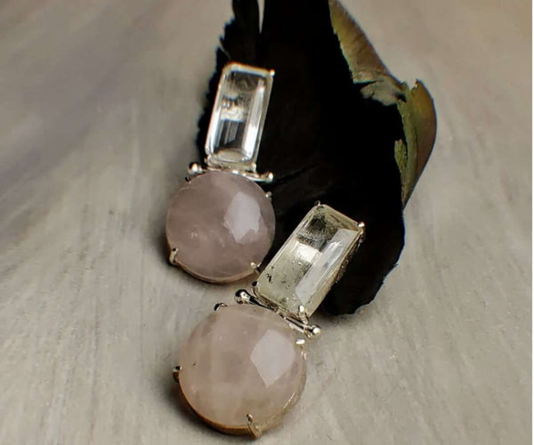 Water Lillies: A handcrafted Earrings featuring Quartz and hues of White Pink.