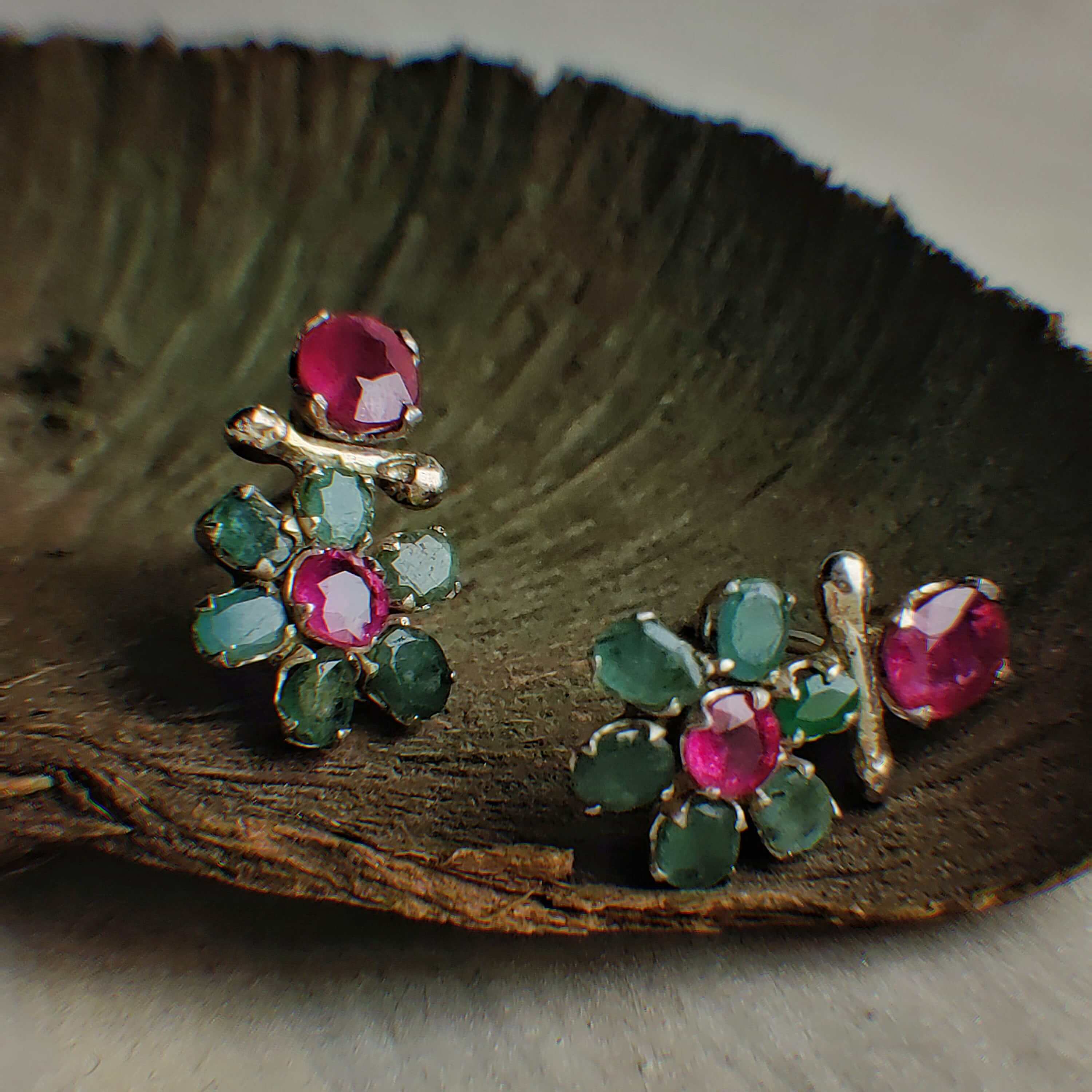 Forest rose: A handcrafted Earrings featuring Ruby Emerald and hues of Red Green.