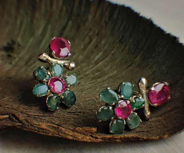 Forest rose: A handcrafted Earrings featuring Ruby Emerald and hues of Red Green.