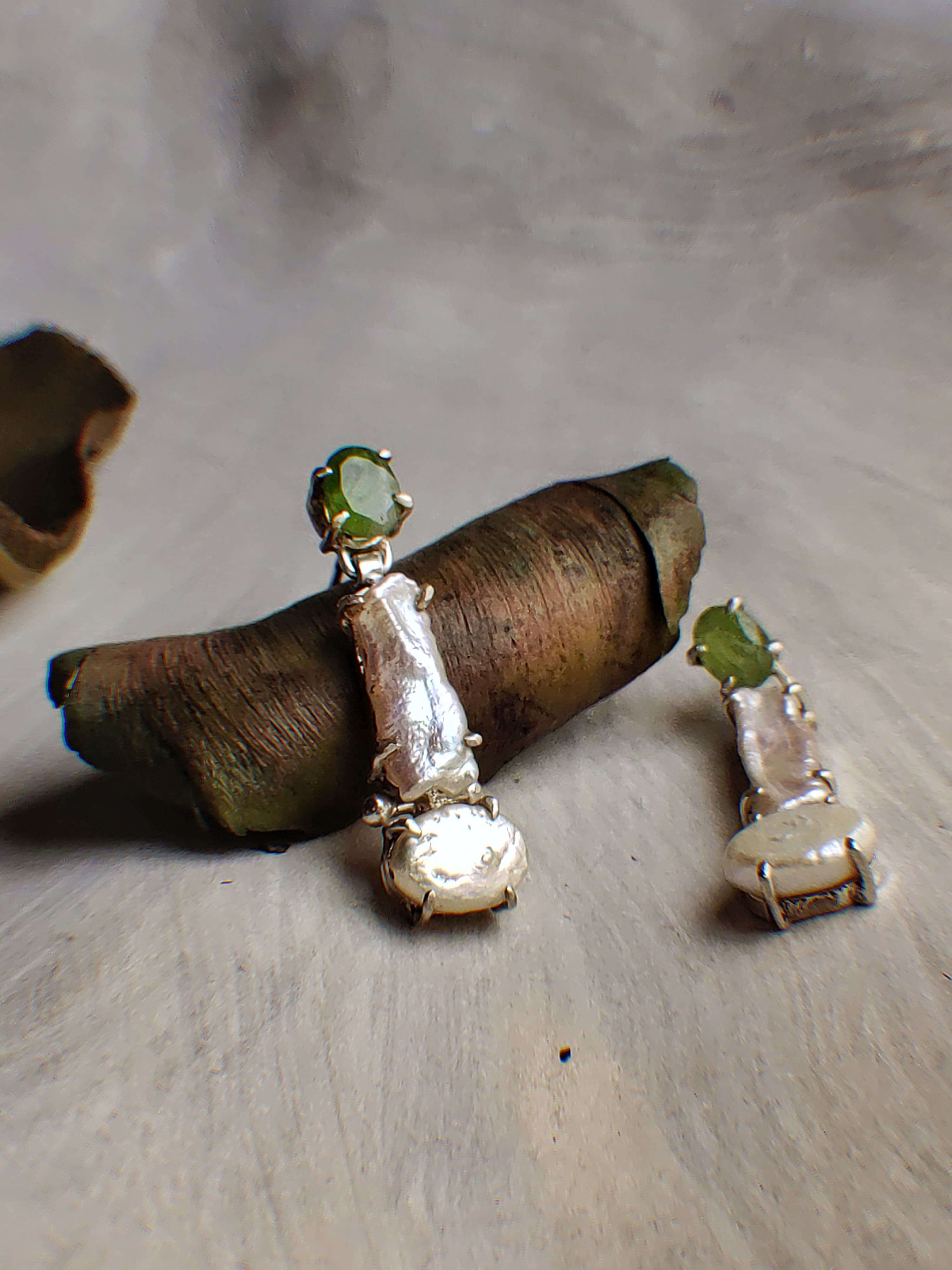 Thorn bug: A handcrafted Earrings featuring Pearl Peridot and hues of Green White.