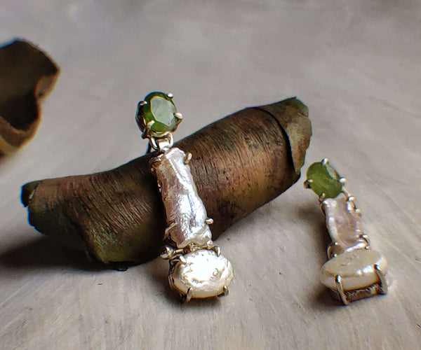 Thorn bug: A handcrafted Earrings featuring Pearl Peridot and hues of Green White.