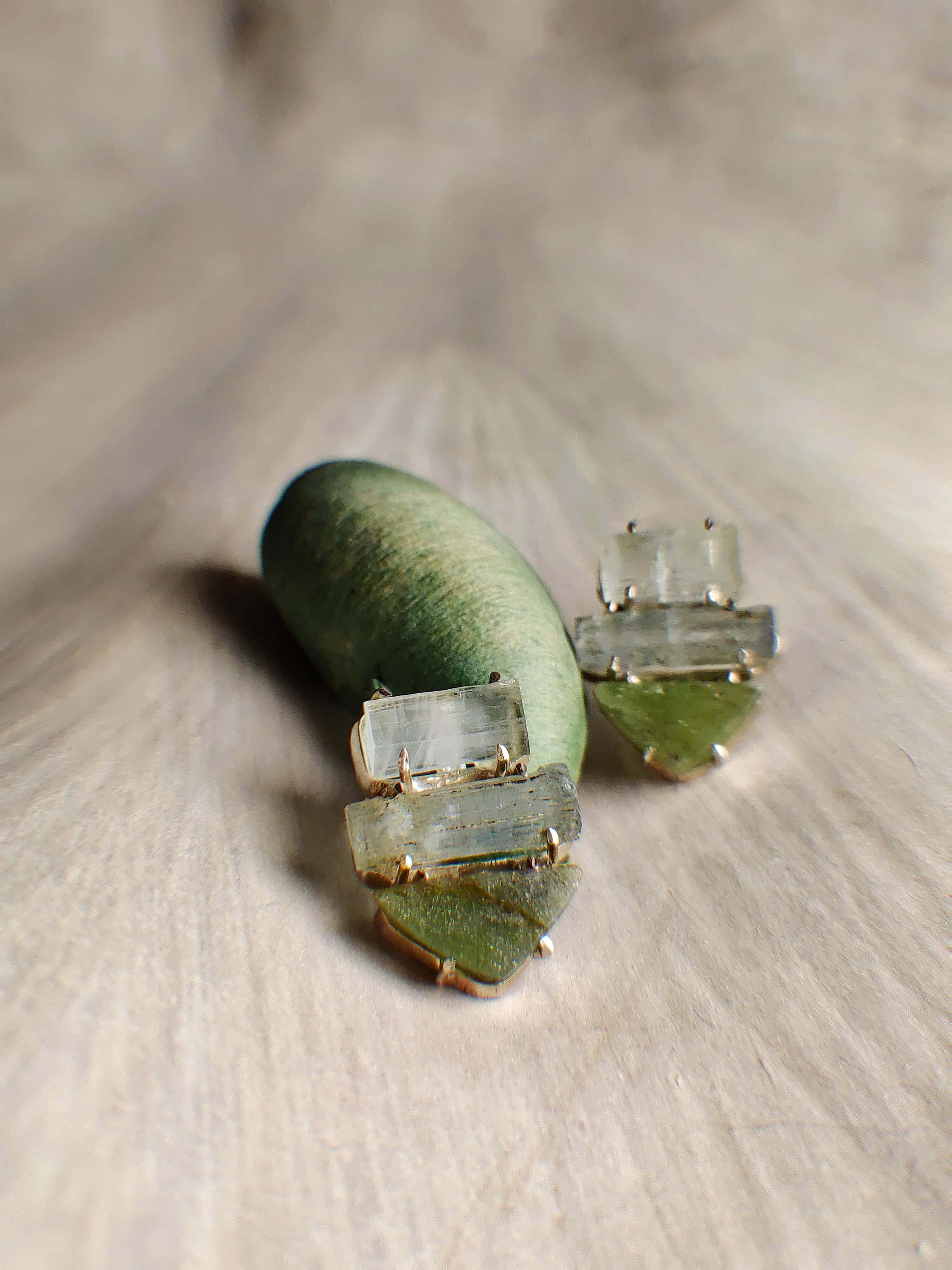 Snail's dream: A handcrafted Earrings featuring Peridot Tourmaline and hues of Green.