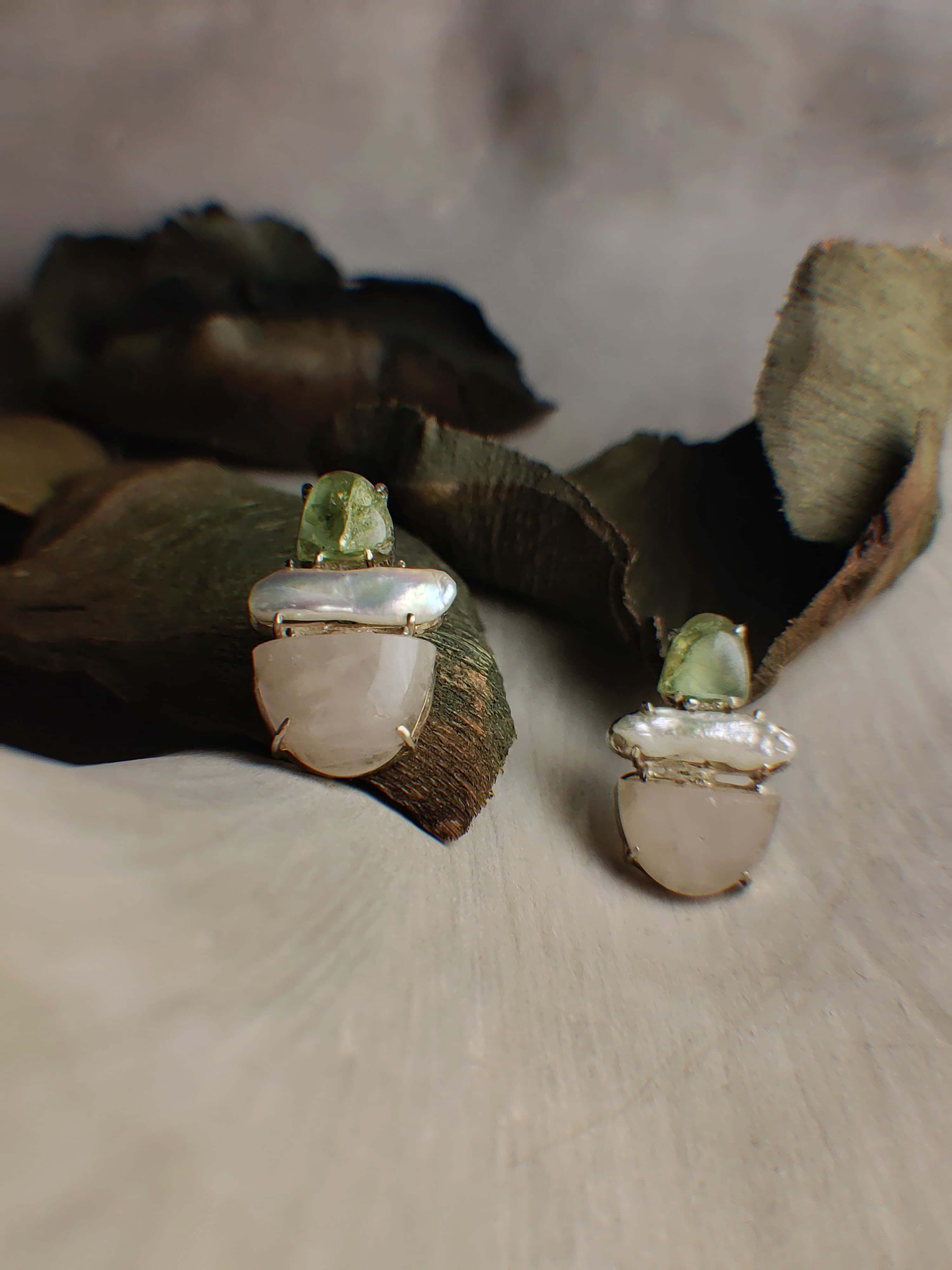 Artichoke: A handcrafted Earrings featuring Pearl Peridot Quartz and hues of Green White Pink.