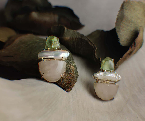 Artichoke: A handcrafted Earrings featuring Pearl Peridot Quartz and hues of Green White Pink.