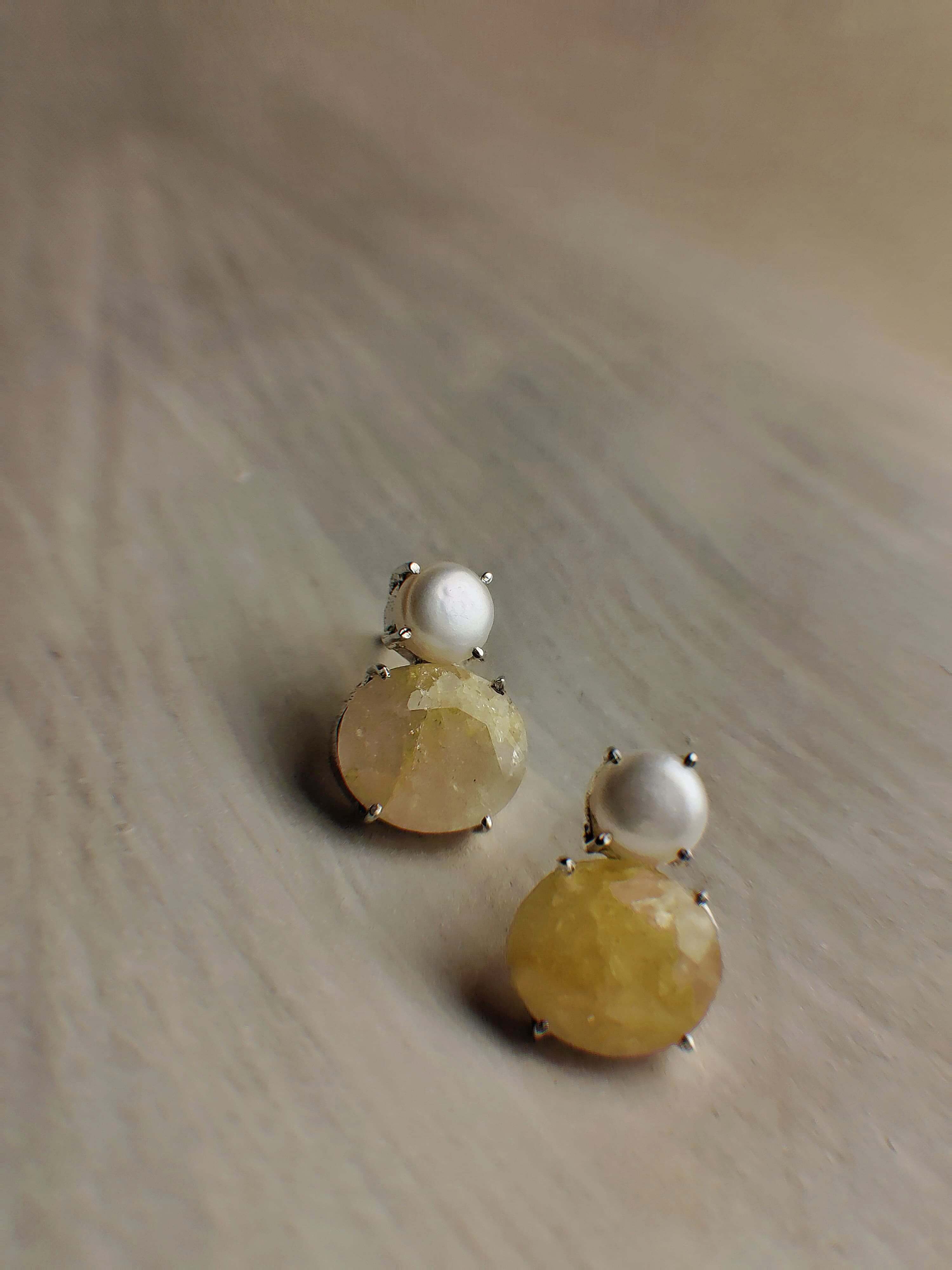 Dreaming bees: A handcrafted Earrings featuring Pearl Quartz and hues of Yellow White.