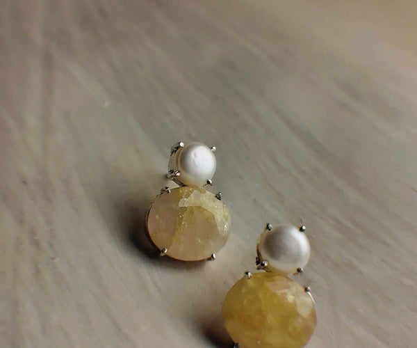 Dreaming bees: A handcrafted Earrings featuring Pearl Quartz and hues of Yellow White.