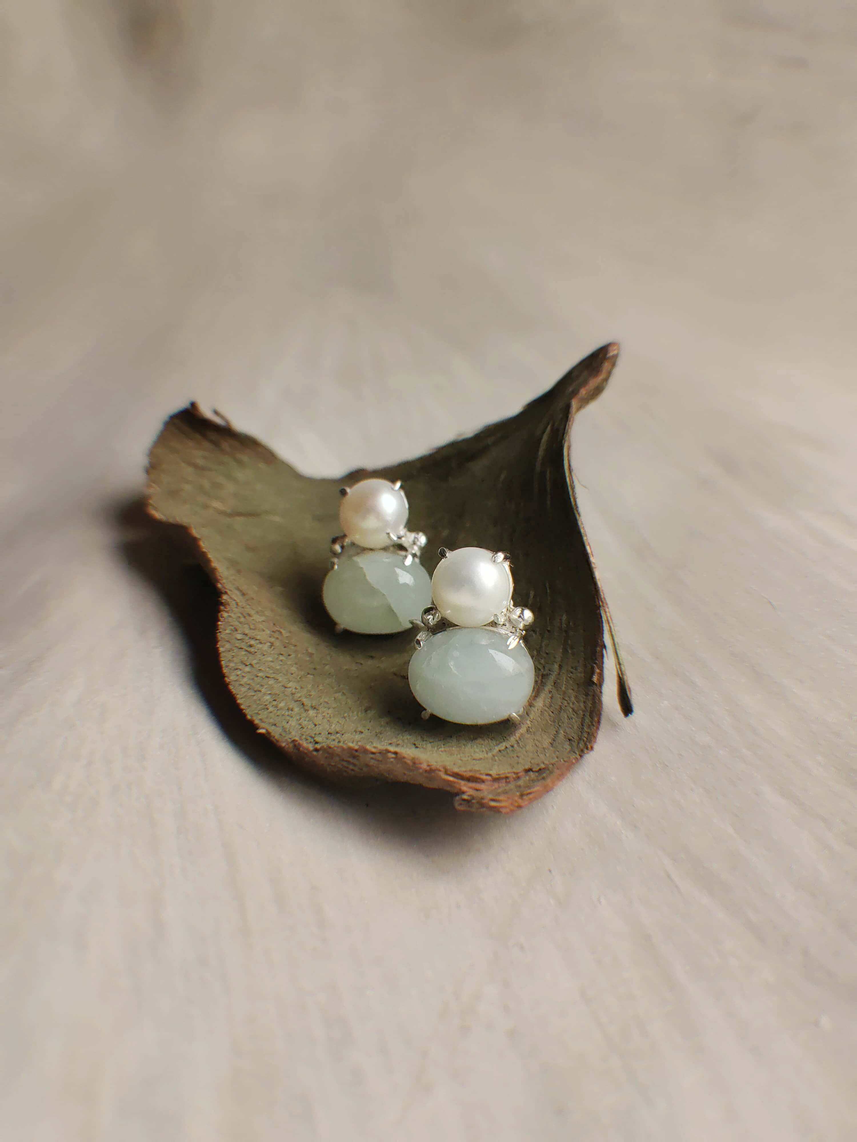 Pluto to moon: A handcrafted Earrings featuring Pearl Aquamarine and hues of White Blue.