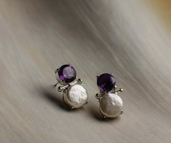 Amara: A handcrafted Earrings featuring Amethyst Pearl and hues of White Purple.
