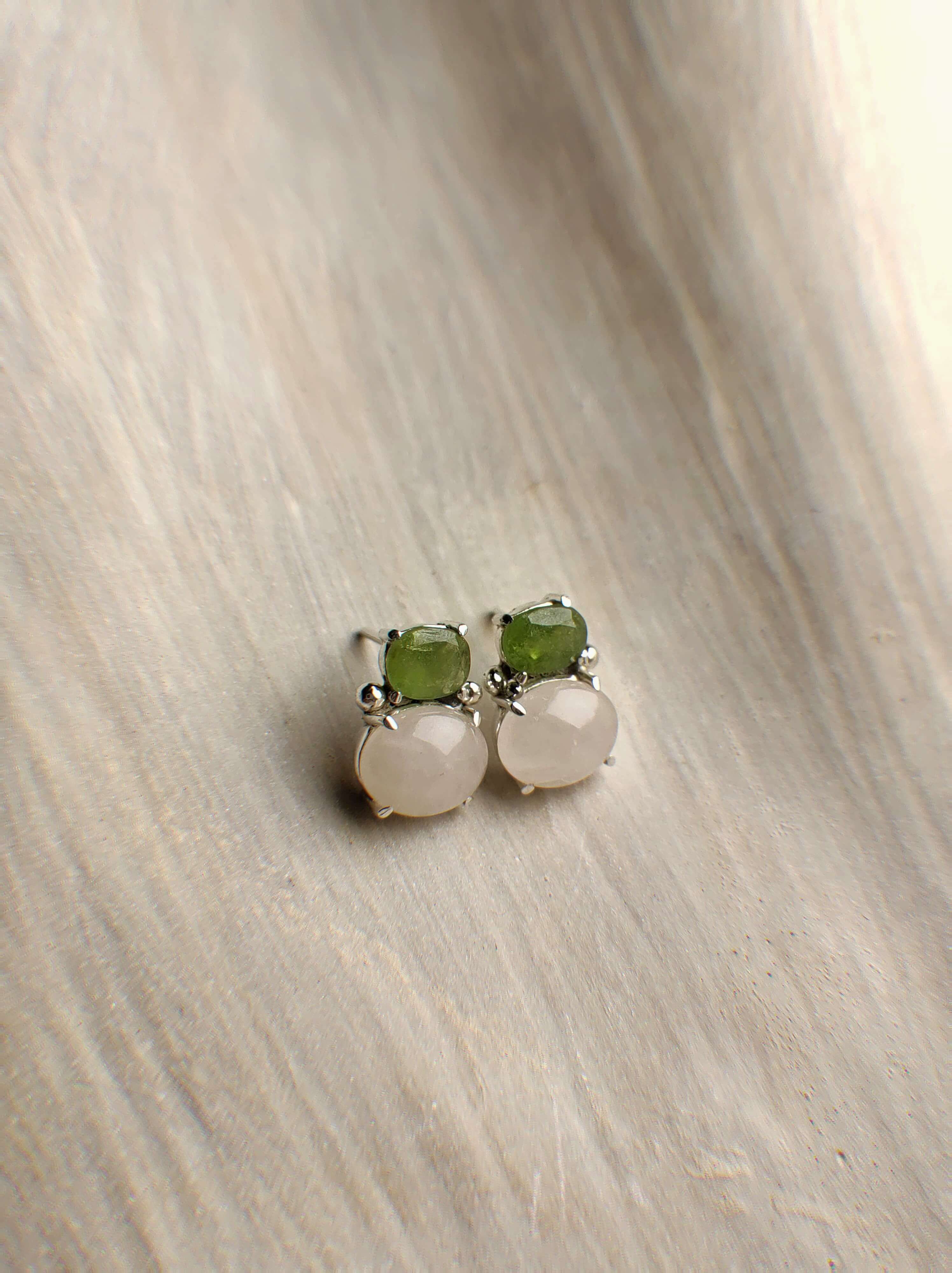 Gemma: A handcrafted Earrings featuring Peridot Quartz and hues of Pink Green.