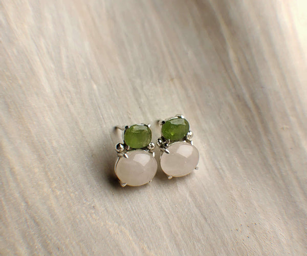 Gemma: A handcrafted Earrings featuring Peridot Quartz and hues of Pink Green.