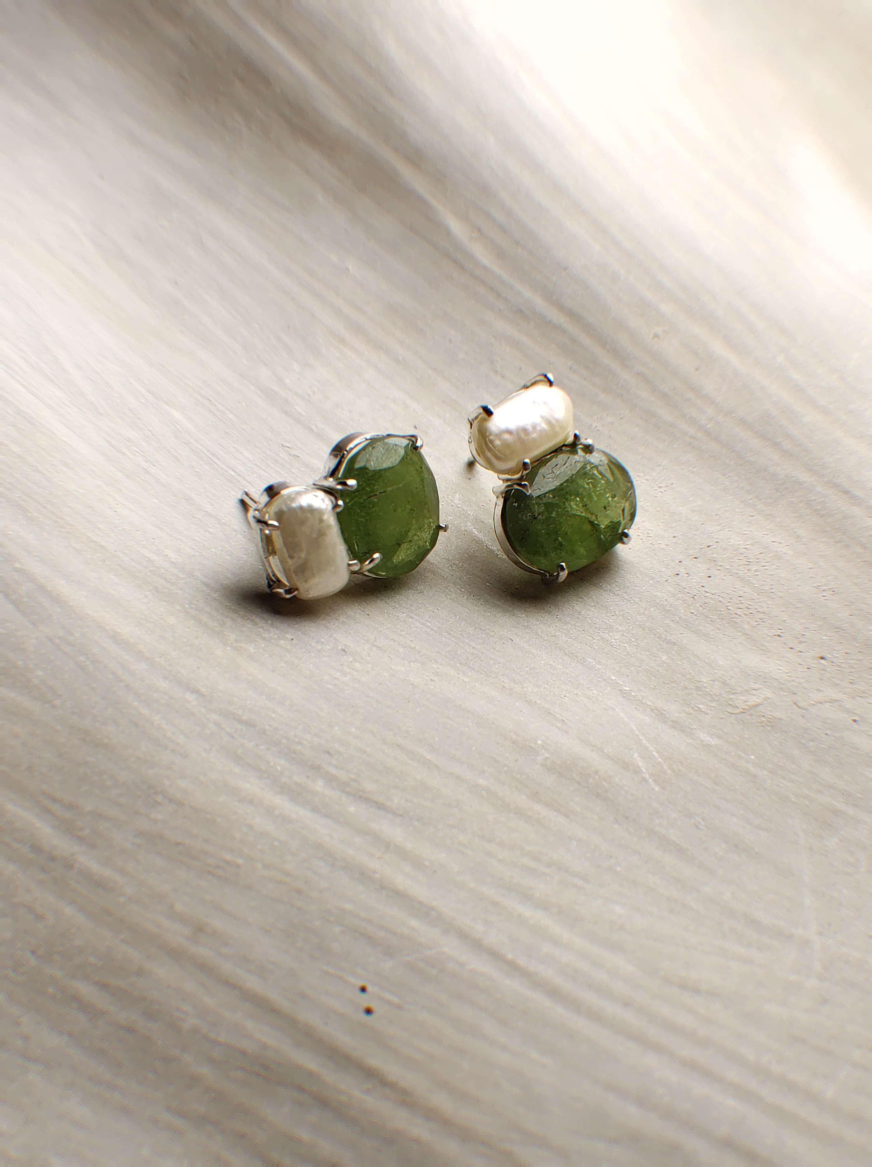 Calista: A handcrafted Earrings featuring Peridot Pearl and hues of Green White.