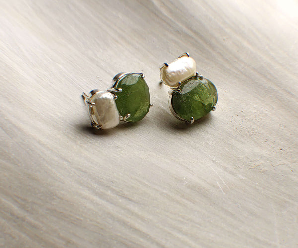 Calista: A handcrafted Earrings featuring Peridot Pearl and hues of Green White.