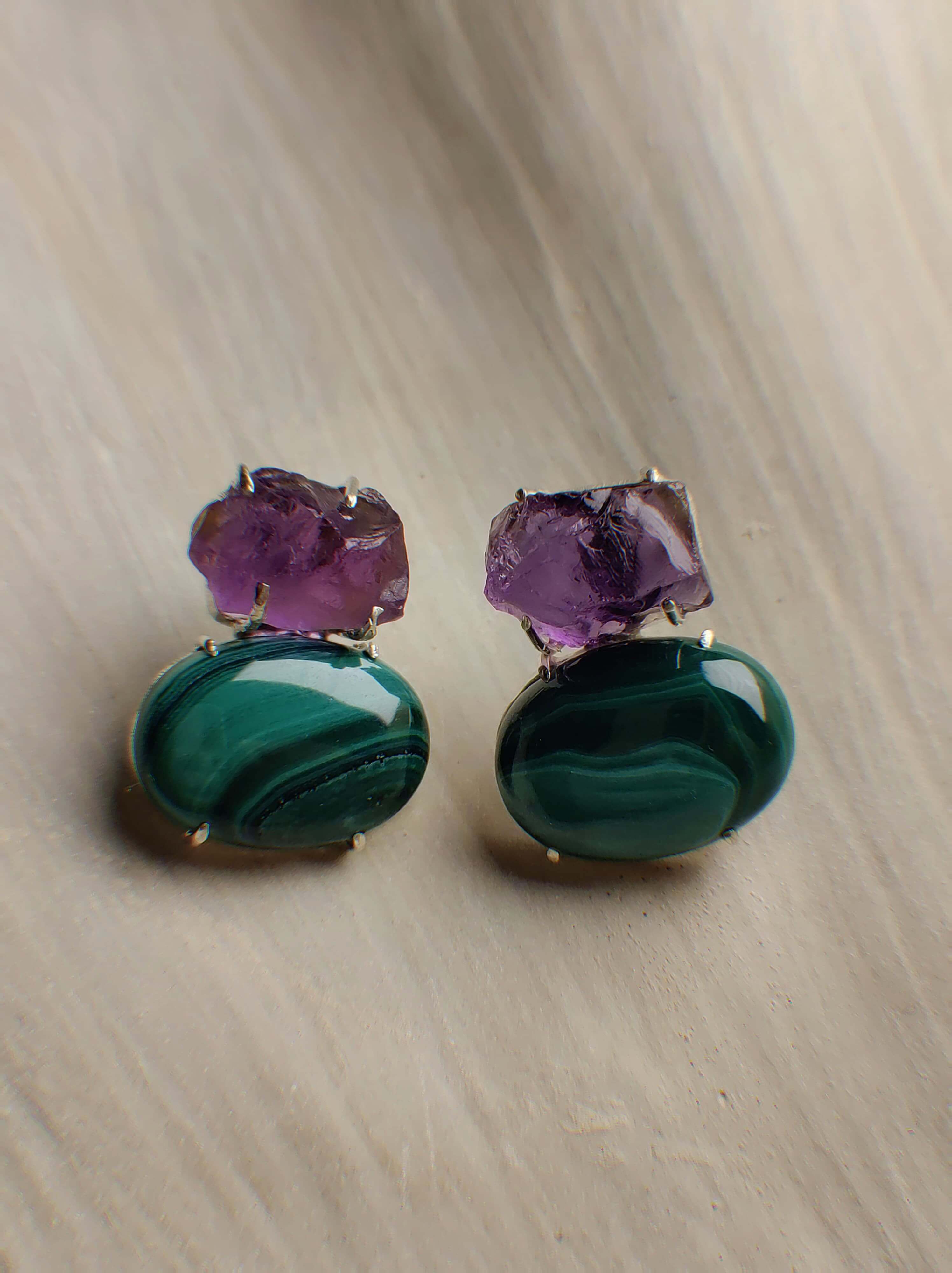 Elara: A handcrafted Earrings featuring Amethyst Malachite and hues of Green Purple.