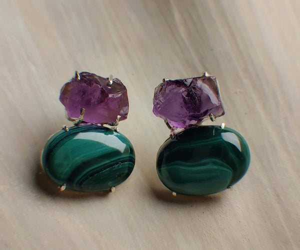 Elara: A handcrafted Earrings featuring Amethyst Malachite and hues of Green Purple.
