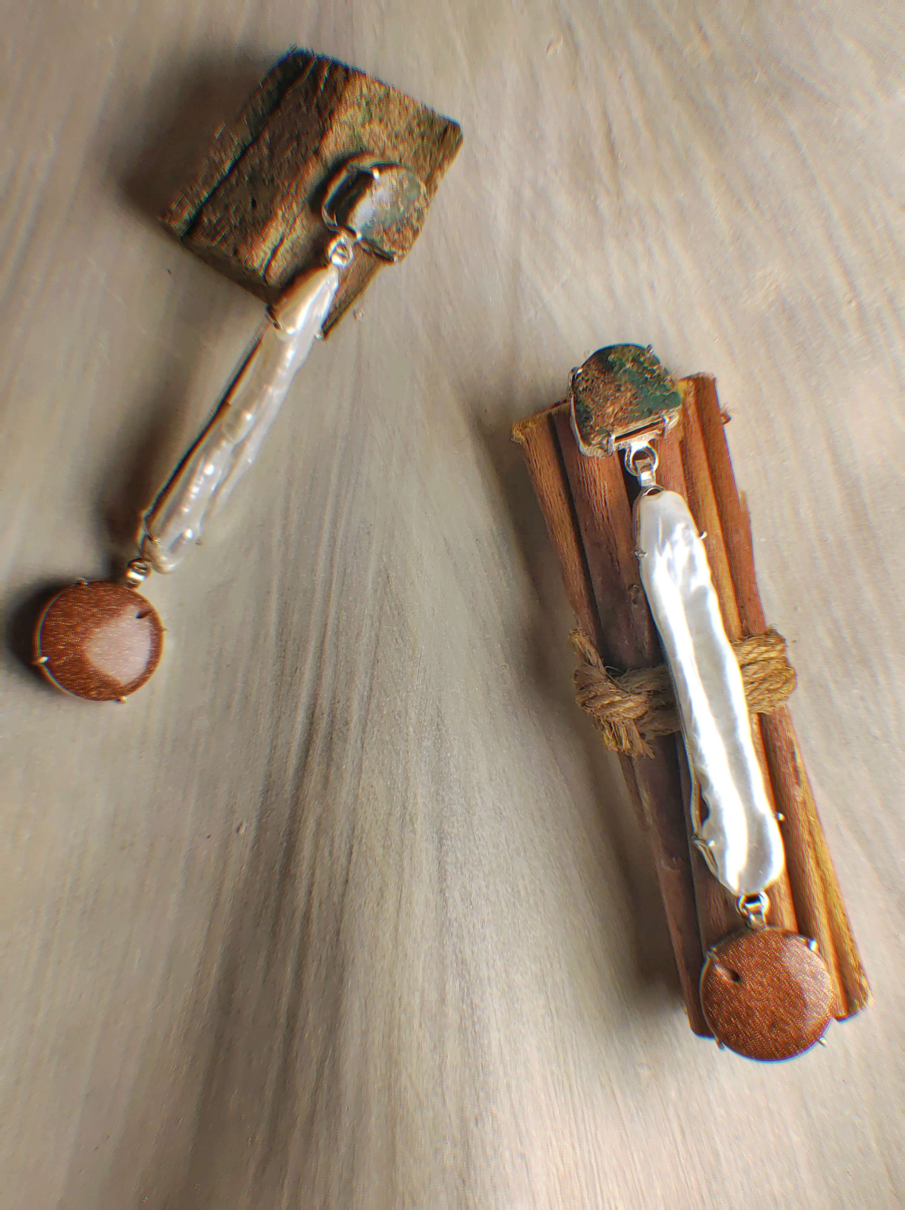 Terra: A handcrafted Earrings featuring Sandstone Pearl Turquoise and hues of Brown White Green.